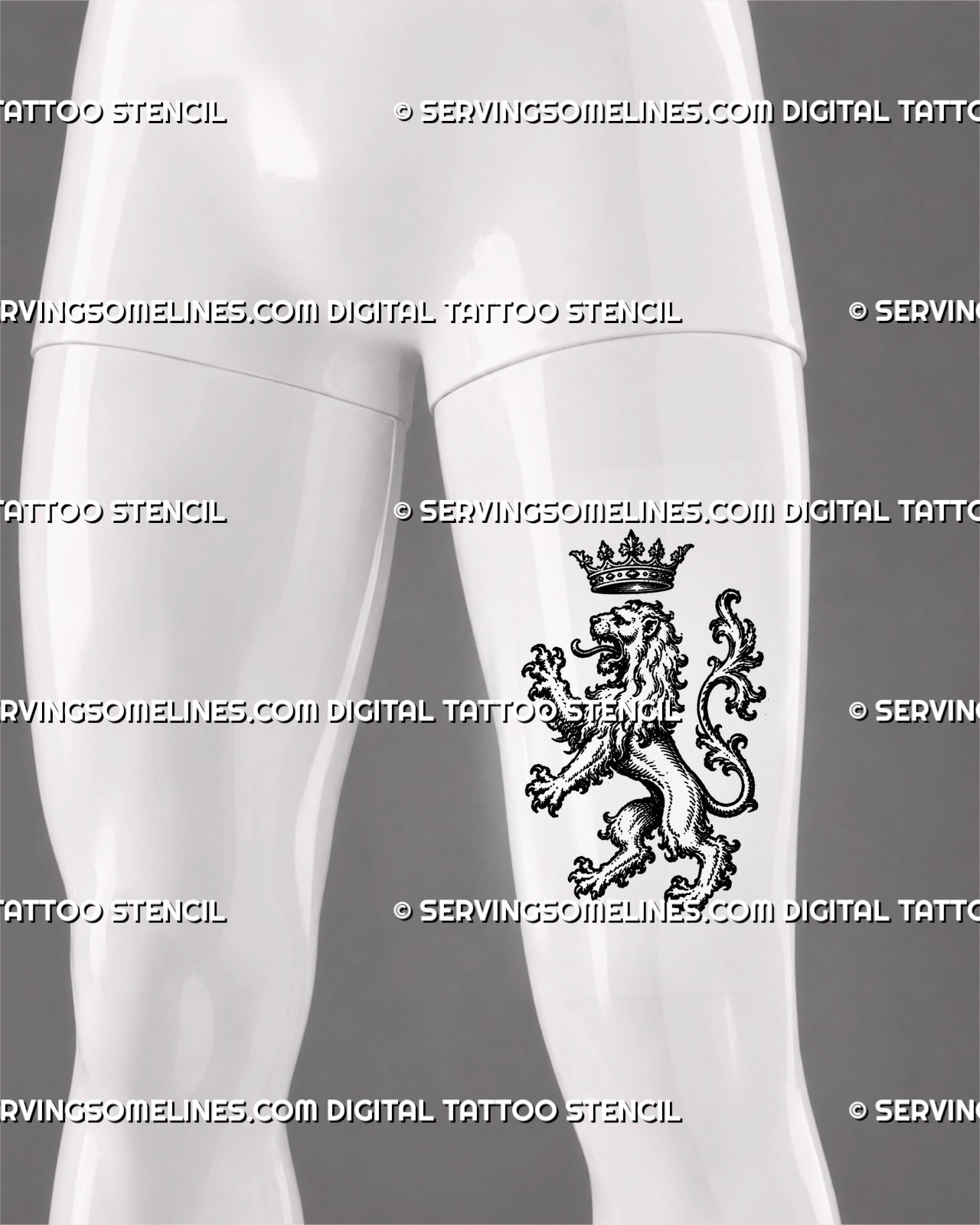 Medieval lion tattoo stencil shown on men’s thigh with crowned rampant lion, open mouth, raised claws, flowing mane, and bold heraldic tattoo for men design