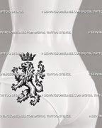 Medieval lion tattoo stencil shown on women’s lower back side with crowned heraldic lion, flowing mane, raised claws, curled ornamental tail, and gothic woodcut detail