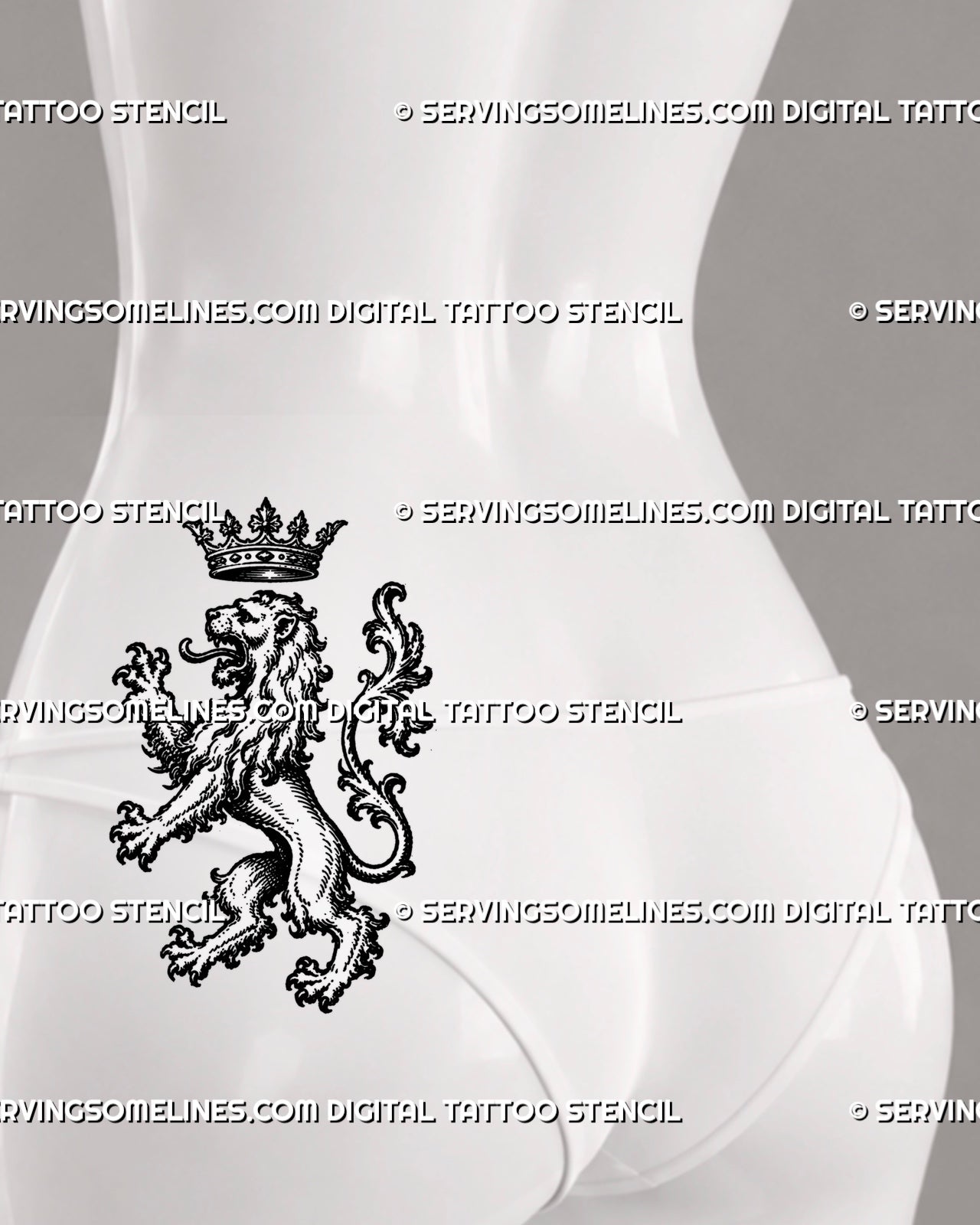 Medieval lion tattoo stencil shown on women’s lower back side with crowned heraldic lion, flowing mane, raised claws, curled ornamental tail, and gothic woodcut detail