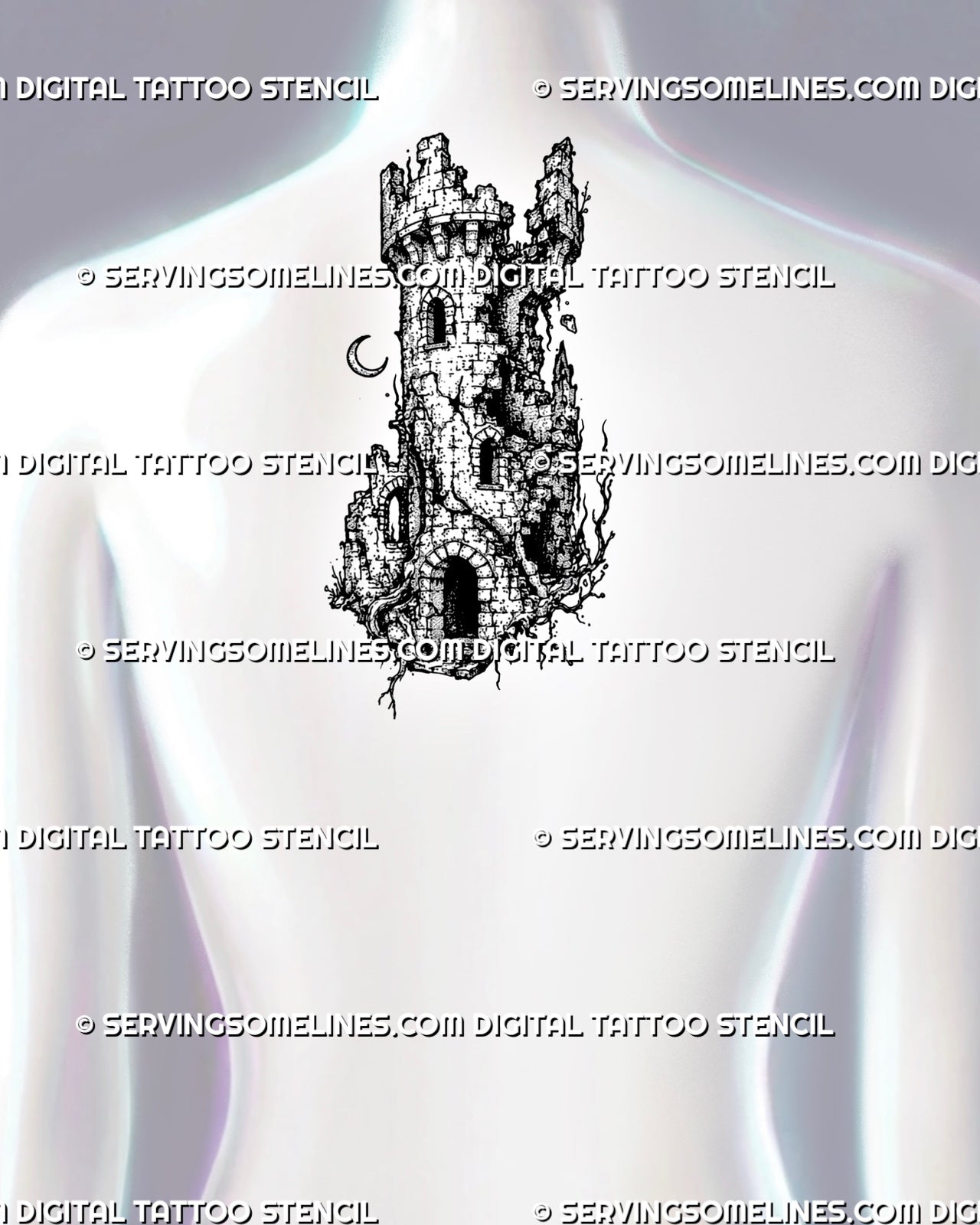 Medieval ruins tattoo stencil shown on upper back with abandoned watchtower, damaged battlements, cracked stone texture, and overgrown root detail