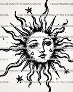 Close view of medieval sun tattoo stencil showing human-like sun face, wavy rays, pointed sun rays, star accents, and dotted celestial detail