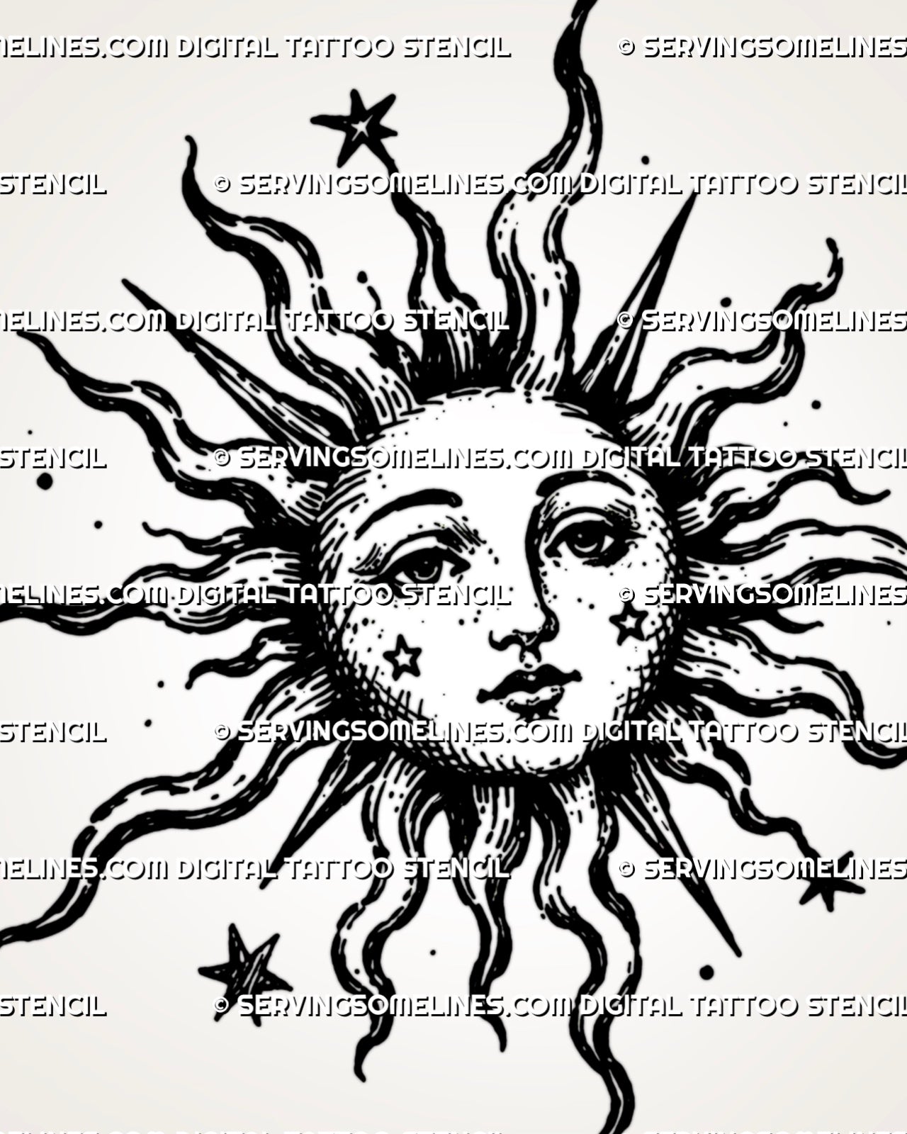 Close view of medieval sun tattoo stencil showing human-like sun face, wavy rays, pointed sun rays, star accents, and dotted celestial detail