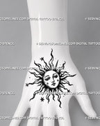 Medieval sun tattoo stencil shown on hand with sun face center, flame-like rays, pointed rays, and small celestial star accents