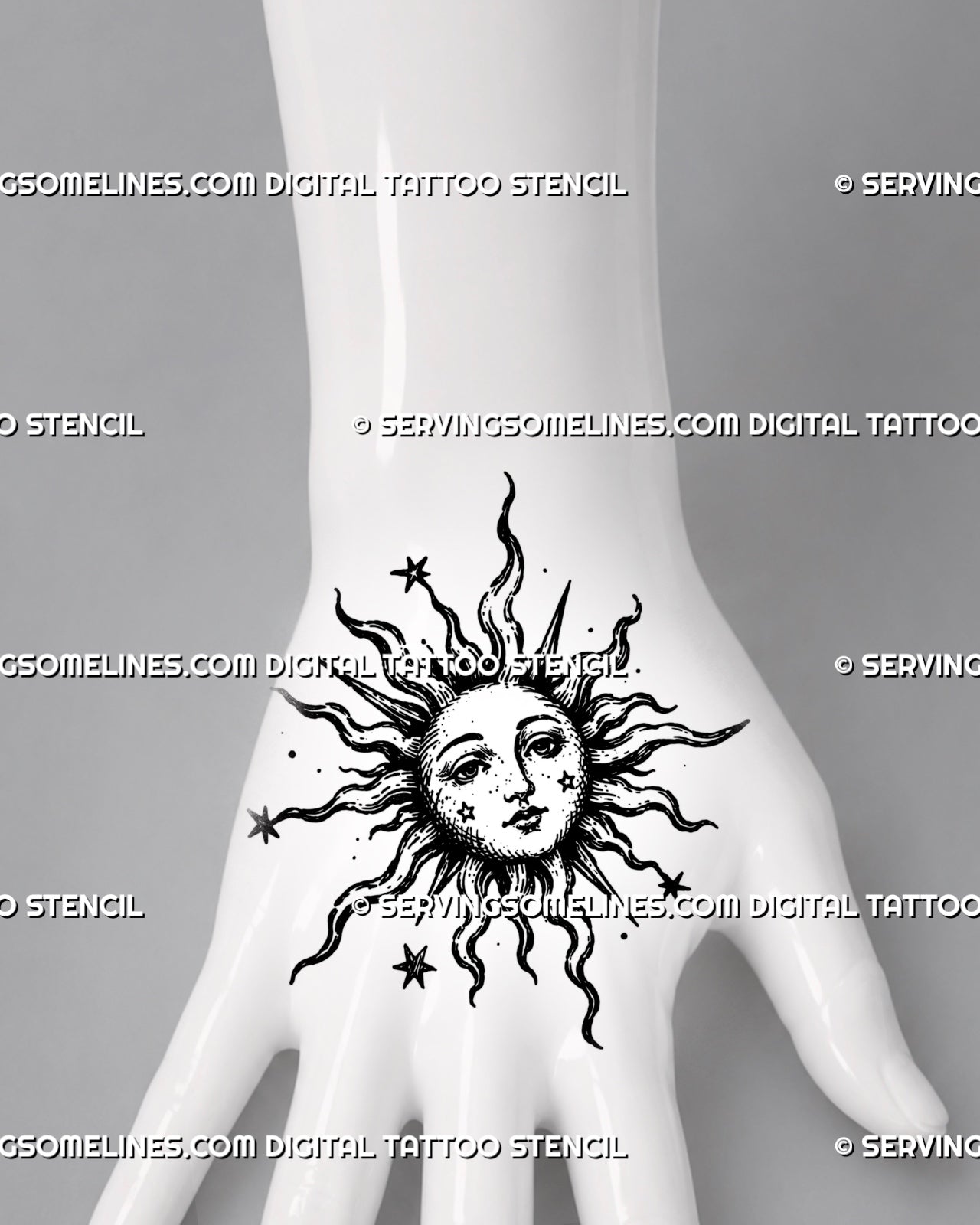 Medieval sun tattoo stencil shown on hand with sun face center, flame-like rays, pointed rays, and small celestial star accents