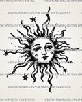 Medieval sun tattoo stencil with old-world sun face, wavy flame-like rays, pointed sun rays, star accents, and celestial dot details
