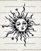 Medieval sun tattoo stencil with old-world sun face, wavy flame-like rays, pointed sun rays, star accents, and celestial dot details
