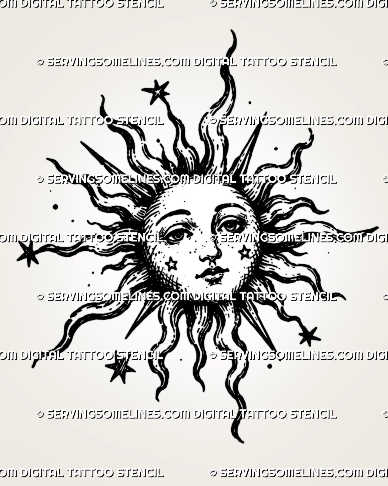 Medieval sun tattoo stencil with old-world sun face, wavy flame-like rays, pointed sun rays, star accents, and celestial dot details