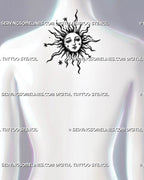 Medieval sun tattoo stencil shown on upper back by the neck with sun face, flowing rays, pointed sun details, and small star accents