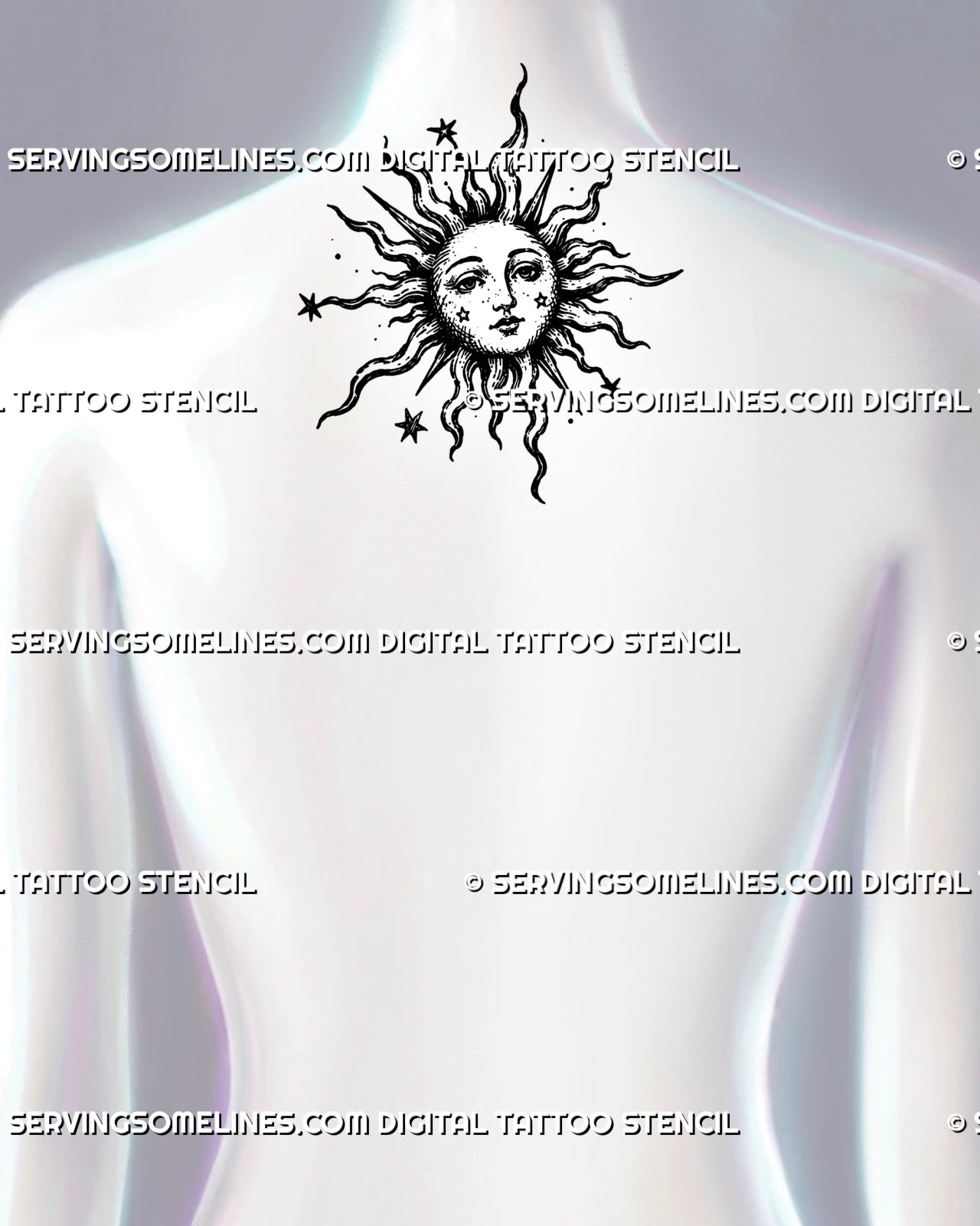 Medieval sun tattoo stencil shown on upper back by the neck with sun face, flowing rays, pointed sun details, and small star accents