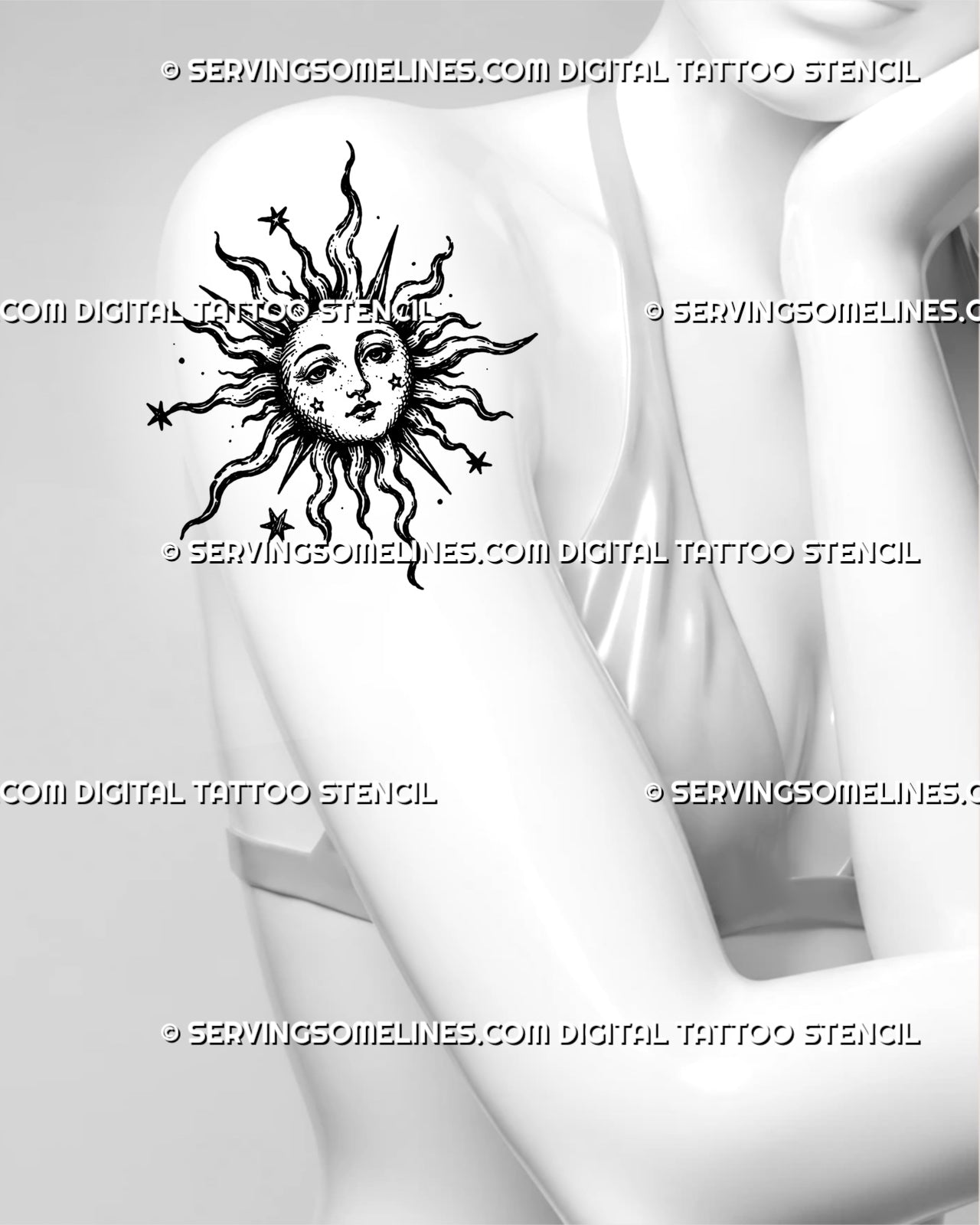 Medieval sun tattoo stencil shown on women’s arm with sun face, flowing rays, star accents, and mystical celestial tattoo detail