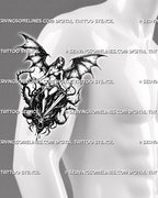 Medieval sword tattoo stencil shown on men’s arm with winged warrior figure, dragon head, and vertical dark fantasy layout