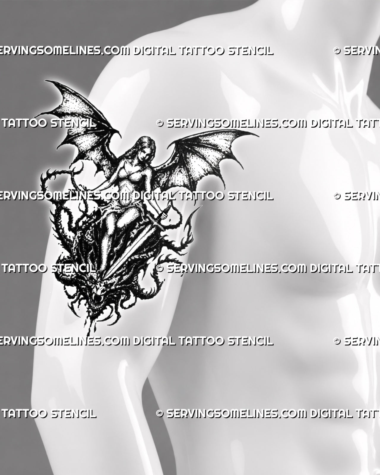 Medieval sword tattoo stencil shown on men’s arm with winged warrior figure, dragon head, and vertical dark fantasy layout