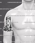 Medieval tower tattoo stencil shown on men’s front upper arm with vertical castle turret, battlements, doorway, arched windows, and blackwork-style texture