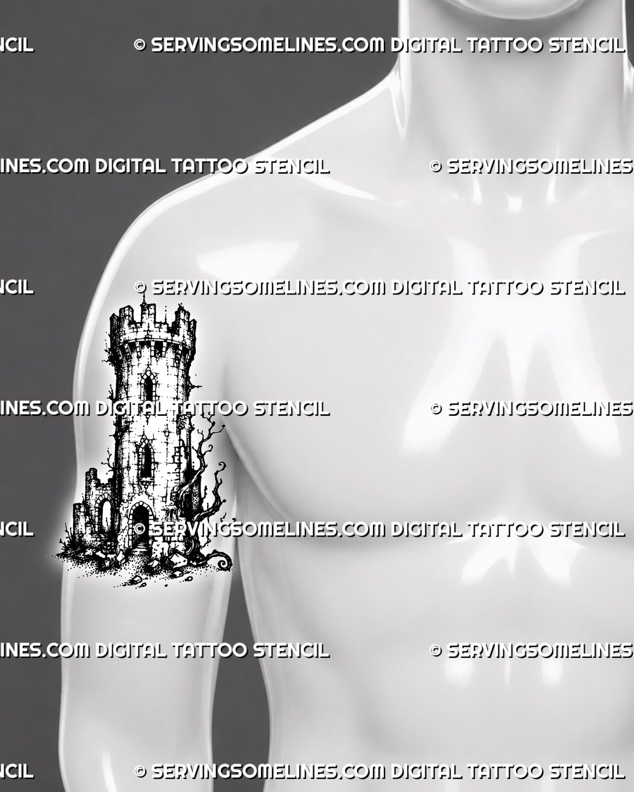 Medieval tower tattoo stencil shown on men’s front upper arm with vertical castle turret, battlements, doorway, arched windows, and blackwork-style texture