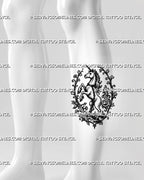 Medieval unicorn tattoo stencil shown on calf with rearing unicorn, spiral horn, sword, chain, ornamental vines, and tall heraldic layout