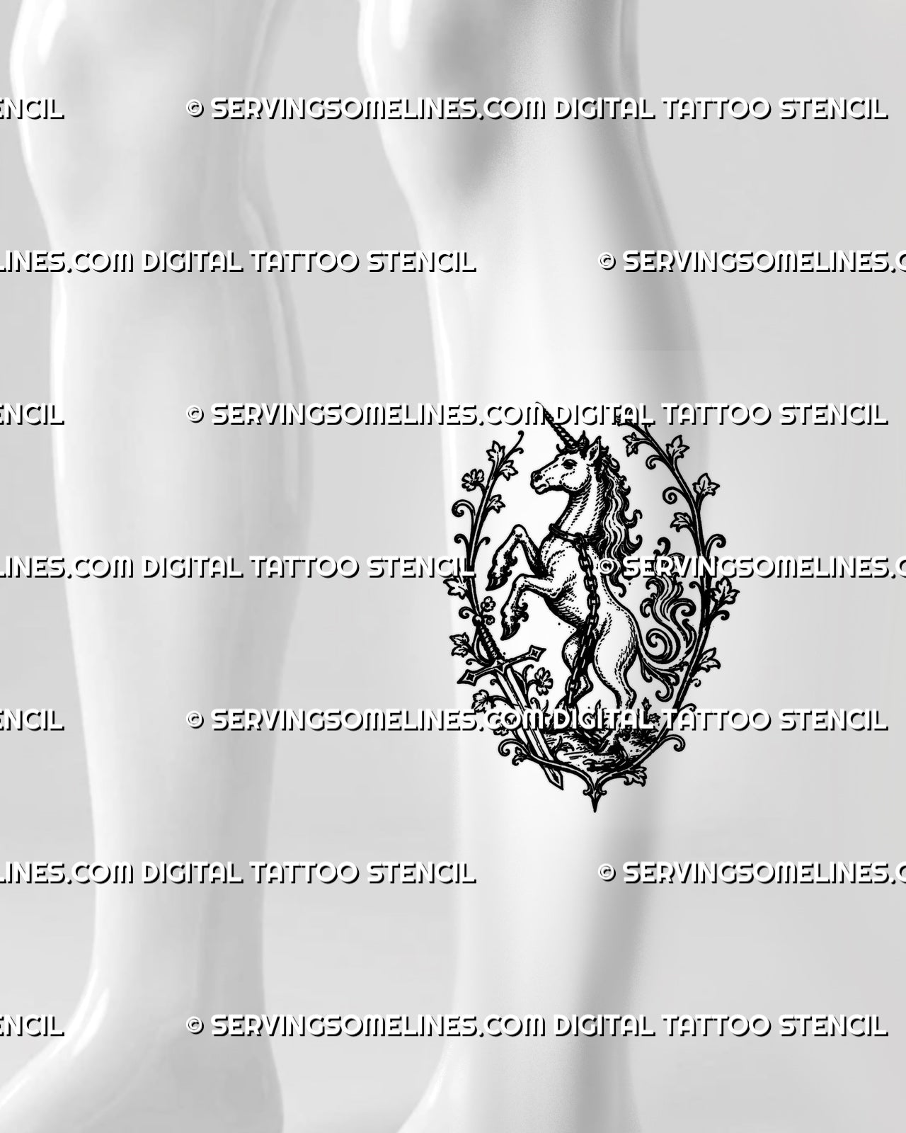 Medieval unicorn tattoo stencil shown on calf with rearing unicorn, spiral horn, sword, chain, ornamental vines, and tall heraldic layout