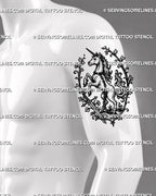 Medieval unicorn tattoo stencil shown on men’s upper arm with rearing unicorn, sword detail, chain, ornamental vines, and old-world fantasy linework