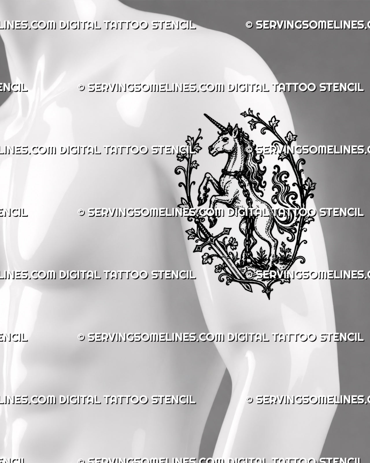 Medieval unicorn tattoo stencil shown on men’s upper arm with rearing unicorn, sword detail, chain, ornamental vines, and old-world fantasy linework