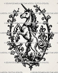 Medieval unicorn tattoo stencil with rearing unicorn, spiral horn, sword, chain detail, ornamental vines, and heraldic fantasy frame