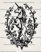 Medieval unicorn tattoo stencil with rearing unicorn, spiral horn, sword, chain detail, ornamental vines, and heraldic fantasy frame