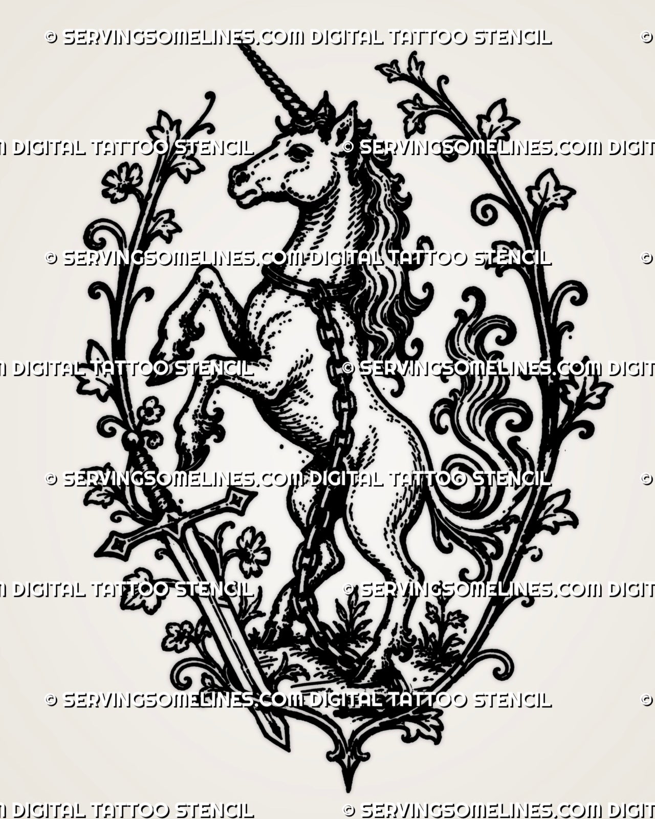 Medieval unicorn tattoo stencil with rearing unicorn, spiral horn, sword, chain detail, ornamental vines, and heraldic fantasy frame
