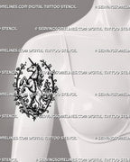Medieval unicorn tattoo stencil shown on women’s front upper arm with rearing unicorn, sword, ornamental vine frame, and black fantasy linework