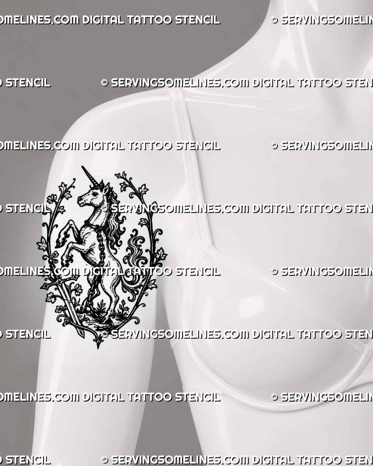 Medieval unicorn tattoo stencil shown on women’s front upper arm with rearing unicorn, sword, ornamental vine frame, and black fantasy linework