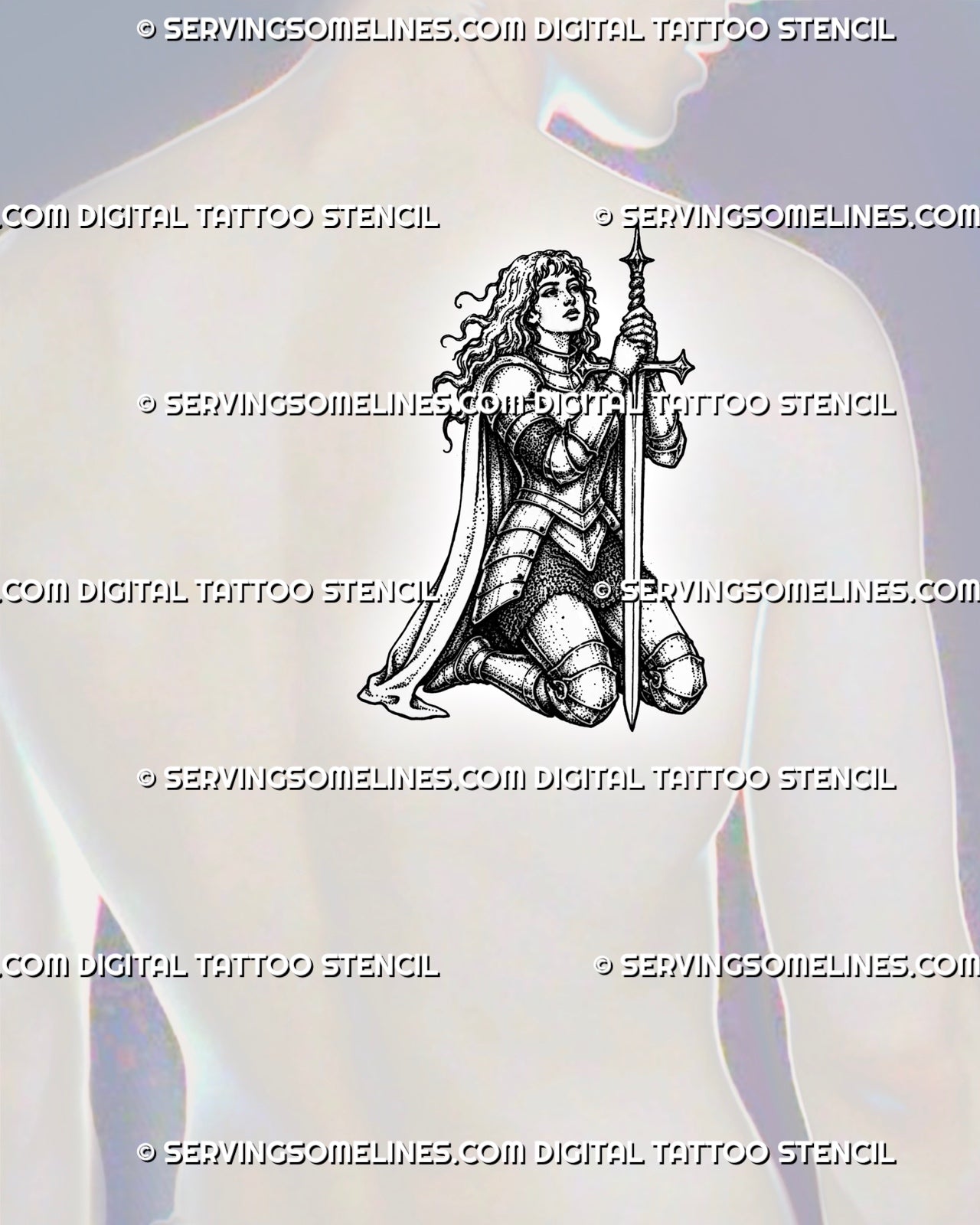 Medieval warrior tattoo stencil shown on men’s shoulder with kneeling female knight, sword detail, armored figure, and bold tattoo-ready layout