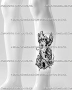 Medieval watchtower tattoo stencil shown on calf with ruined stone tower, rubble base, dark doorway, roots, and vertical castle ruins shape