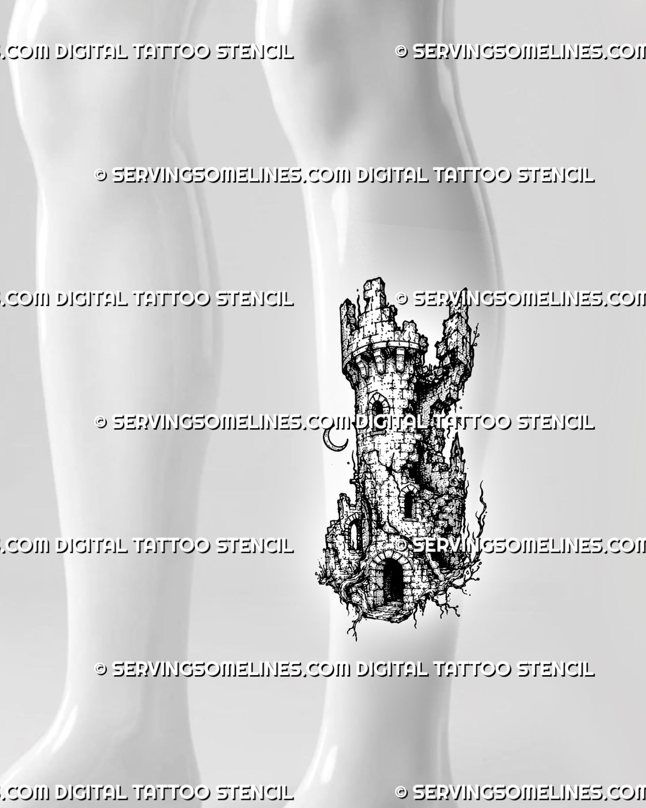 Medieval watchtower tattoo stencil shown on calf with ruined stone tower, rubble base, dark doorway, roots, and vertical castle ruins shape