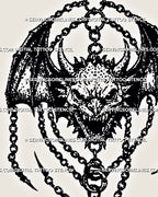 Close view of medieval winged demon tattoo stencil showing horned face, bat wings, chain links, pointed amulet shape, and blackwork-style texture