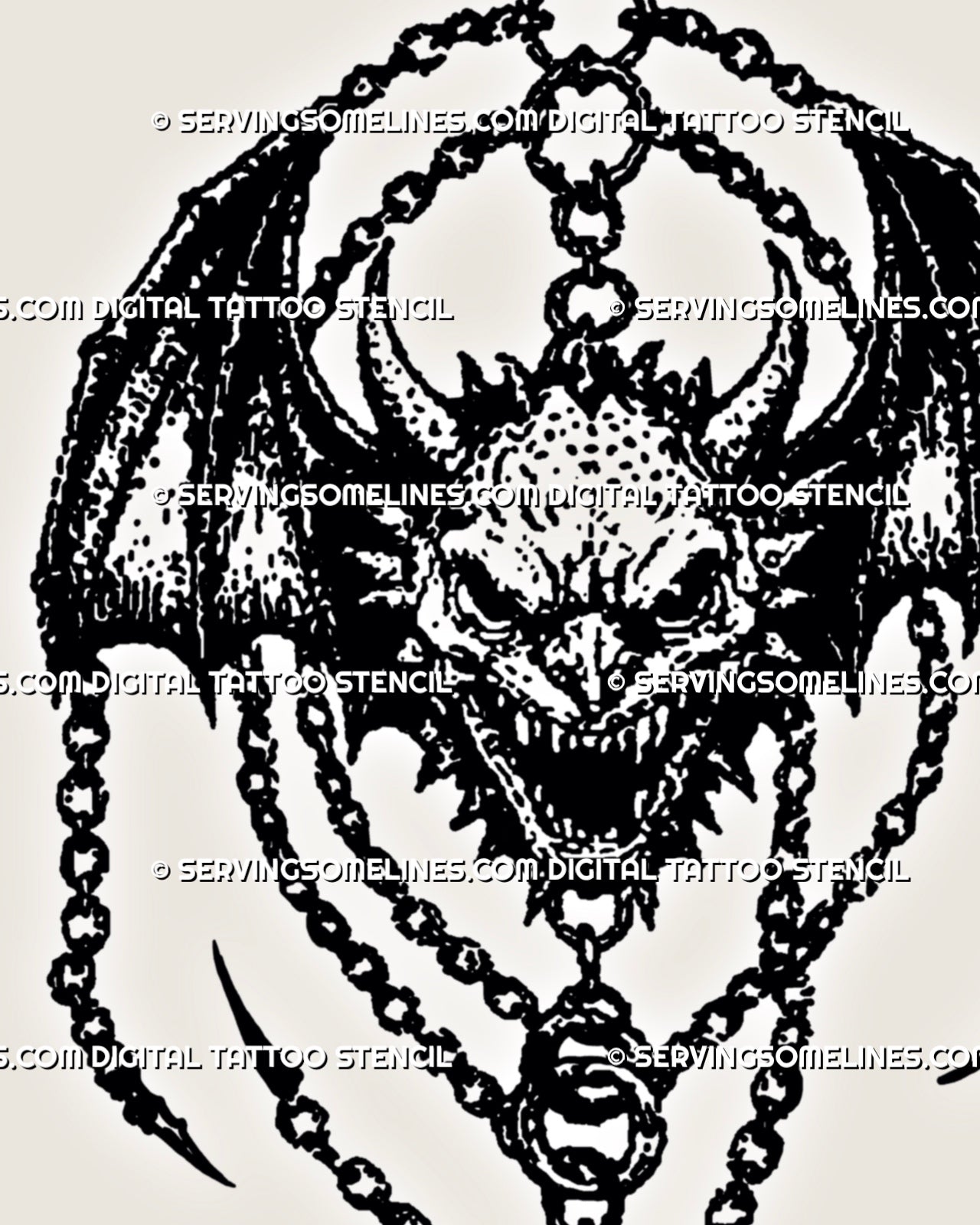 Close view of medieval winged demon tattoo stencil showing horned face, bat wings, chain links, pointed amulet shape, and blackwork-style texture