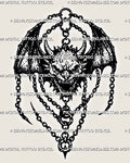 Medieval winged demon tattoo stencil with horned demon face, bat wings, chain details, amulet shape, and dark fantasy blackwork texture