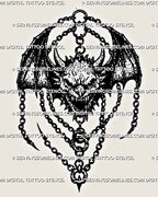 Medieval winged demon tattoo stencil with horned demon face, bat wings, chain details, amulet shape, and dark fantasy blackwork texture