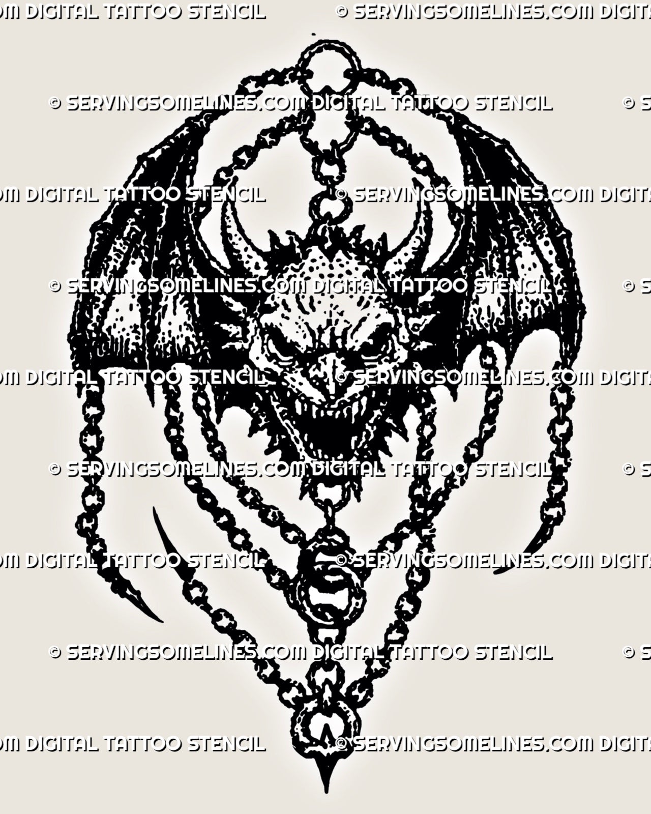 Medieval winged demon tattoo stencil with horned demon face, bat wings, chain details, amulet shape, and dark fantasy blackwork texture