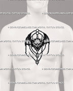 Medieval winged demon tattoo stencil shown on men’s chest center with symmetrical bat wings, demon face, chains, and amulet-like shape