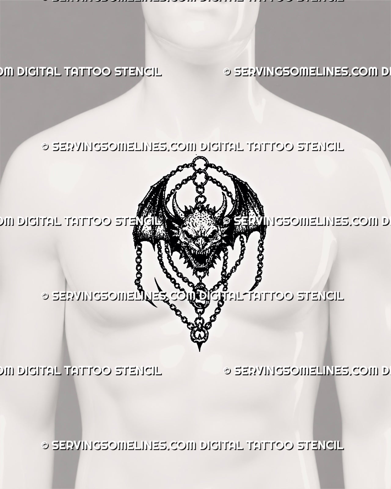 Medieval winged demon tattoo stencil shown on men’s chest center with symmetrical bat wings, demon face, chains, and amulet-like shape