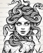Medusa face tattoo stencil with centered portrait, snake hair, statue-inspired bust detail, and clean printable structure.