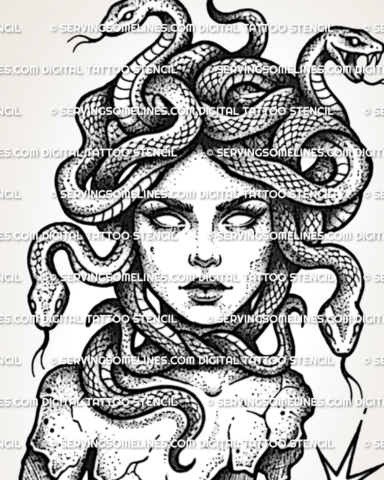 Medusa face tattoo stencil with centered portrait, snake hair, statue-inspired bust detail, and clean printable structure.