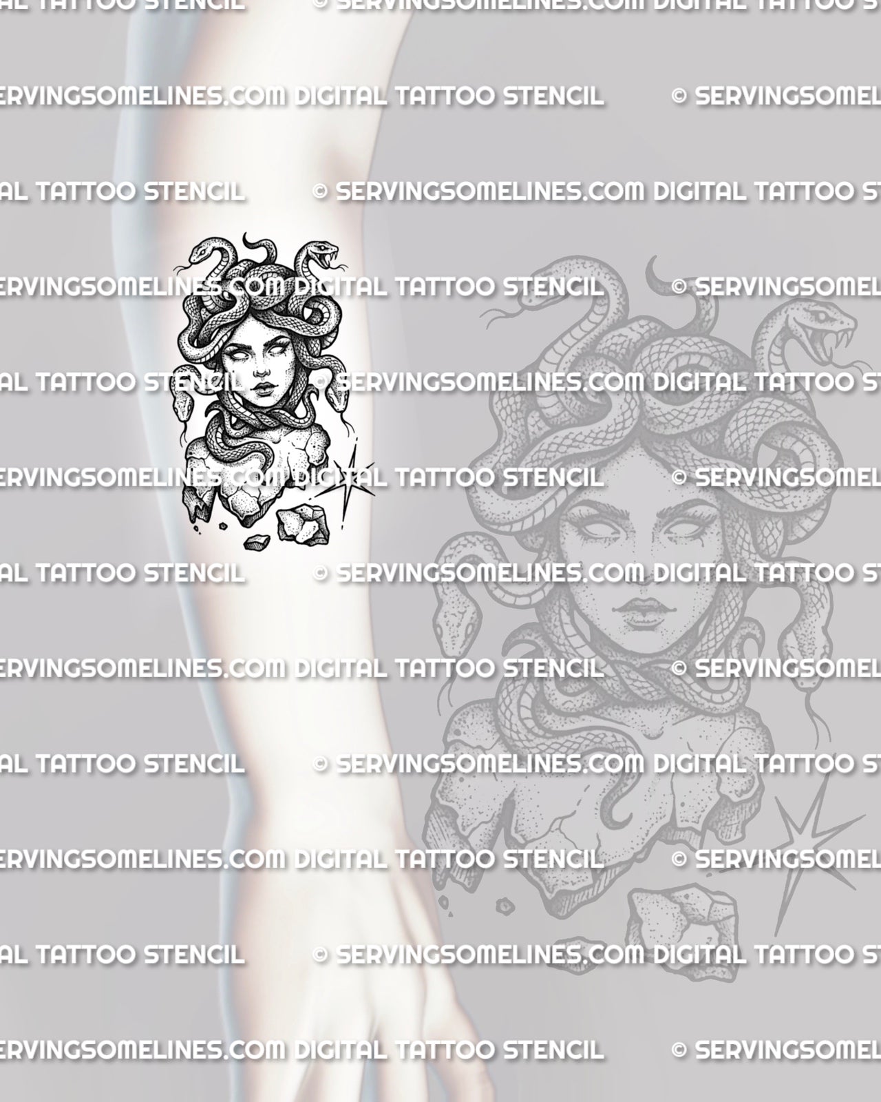 Medusa head tattoo shown on forearm placement, with snake hair, cracked bust detail, and readable portrait layout. 