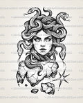Medusa head tattoo stencil with snake hair, cracked statue bust detail, bold linework, and printable design file.