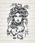 Medusa head tattoo stencil with snake hair, cracked statue bust detail, bold linework, and printable design file.