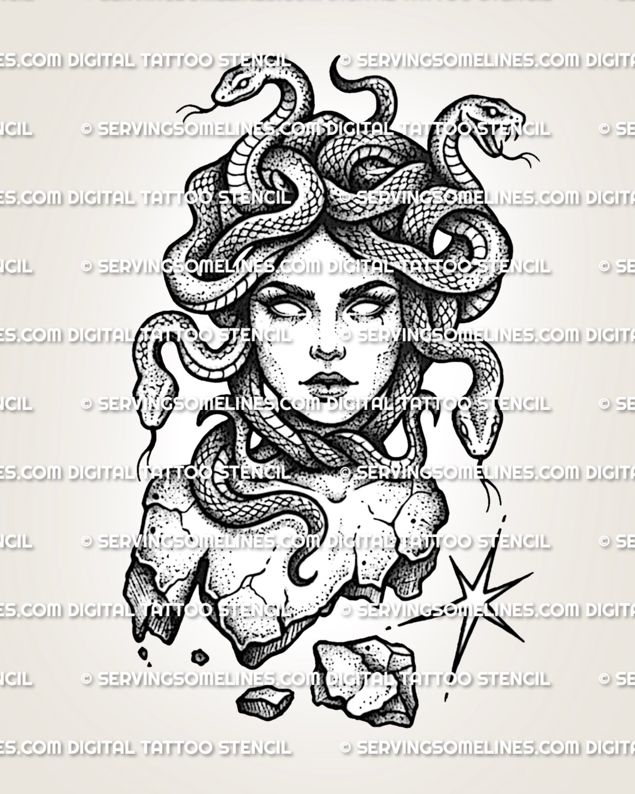 Medusa head tattoo stencil with snake hair, cracked statue bust detail, bold linework, and printable design file.