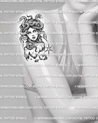 Medusa portrait tattoo shown on womens arm placement, with snake hair, bold linework, and cracked statue bust detail. 