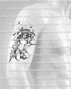 Medusa sword tattoo shown on mens upper arm placement, with Greek mythology figure, skull details, and long vertical sword. 