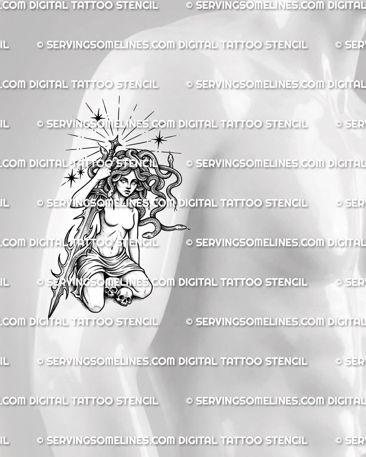 Medusa sword tattoo shown on mens upper arm placement, with Greek mythology figure, skull details, and long vertical sword. 