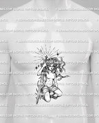 Medusa tattoo stencil shown on mens stomach placement, with seated figure, sword detail, snake hair, and skull accents.