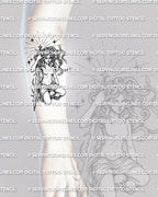 Medusa with sword tattoo shown on forearm placement, with snake hair, star rays, skulls, and readable vertical layout. 