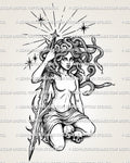 Medusa with sword tattoo stencil featuring snake hair, skull accents, starburst rays, and Greek mythology detail.