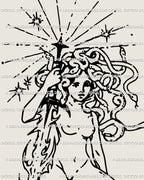 Close-up of Medusa face tattoo design with snakes, sword, and celestial star accents, hand-drawn gothic mythology linework digital download.